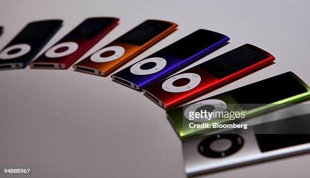 New Apple Inc. IPod Nano media players are displayed during an event titled "Let's Rock" at the Yerba Buena Center for the Arts Theater in San...