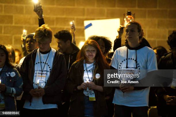 Candle bearers honor the 13 students that lost their lives at Columbine with students from Marjory Stoneman Douglas High School, Pittsburg, Columbine...