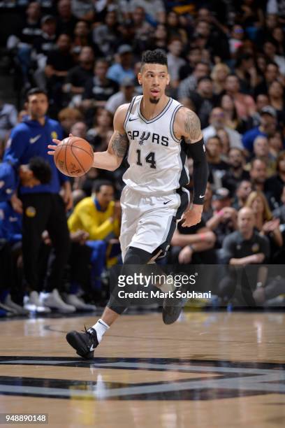 Danny Green of the San Antonio Spurs handles the ball against the Golden State Warriors during Game Three of the Western Conference Quarterfinals in...