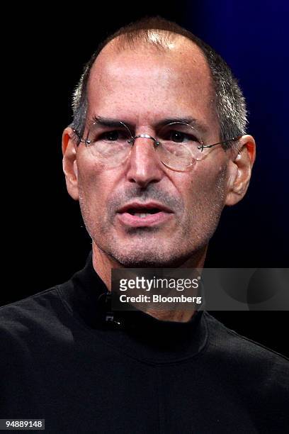 Steve Jobs, chief executive officer and co-founder of Apple Inc., speaking during an event entitled "Let's Rock" at the Yerba Buena Center for the...