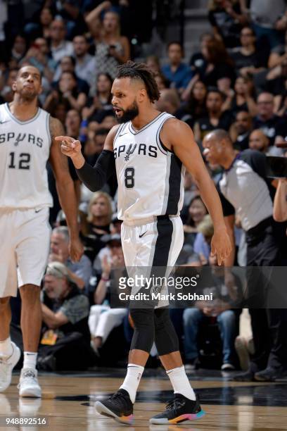 Patty Mills of the San Antonio Spurs reacts to a play during Game Three of the Western Conference Quarterfinals against the Golden State Warriors in...