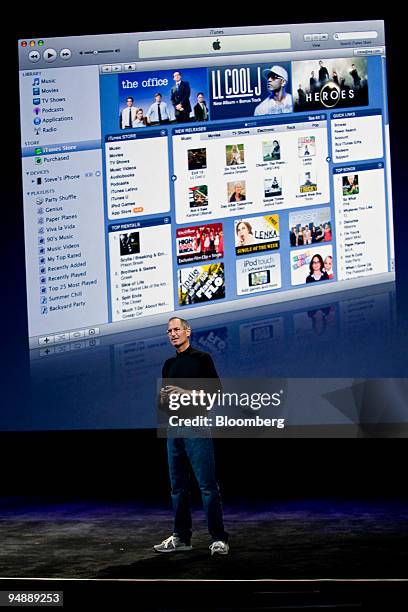 Steve Jobs, chief executive officer and co-founder of Apple Inc., speaks about the new iTunes 8 software at an event entitled "Let's Rock" at the...