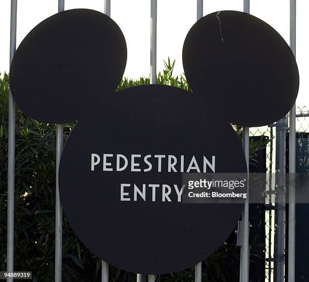 Mickey Mouse ear shaped sign marks the pedestrian entrance to the Animation Division of the Walt Disney Co. Office and studio complex in Burbank,...