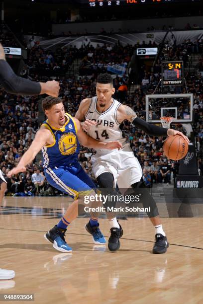 Danny Green of the San Antonio Spurs handles the ball against the Golden State Warriors during Game Three of the Western Conference Quarterfinals in...