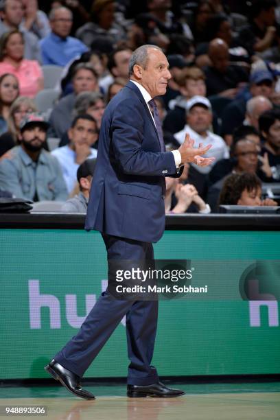 Assistant Coach Ettore Messina looks on during Game Three of the Western Conference Quarterfinals against the Golden State Warriors in the 2018 NBA...