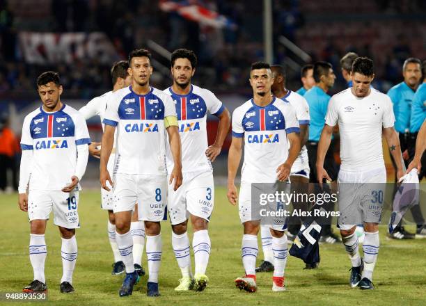 Henrique Pacheco, Egidio of Cruzeiro and teammates leave the field after the equalizer between U of Chile and Cruzeiro as part of Copa CONMEBOL...