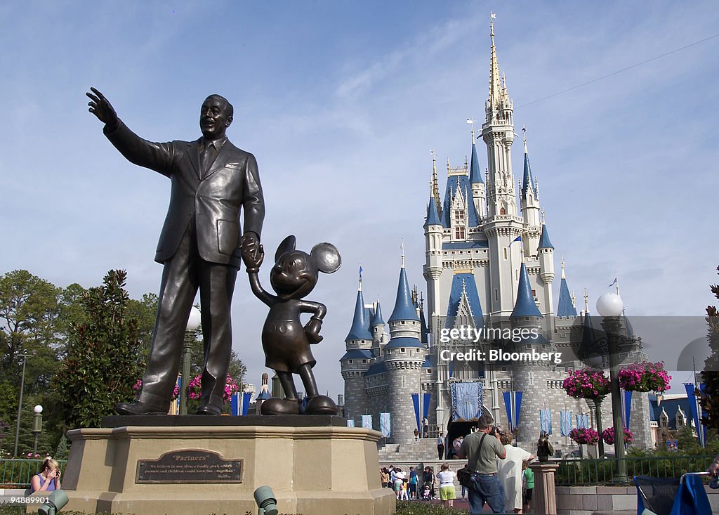 A statue of Walt Disney and Mickey Mouse stands in front of