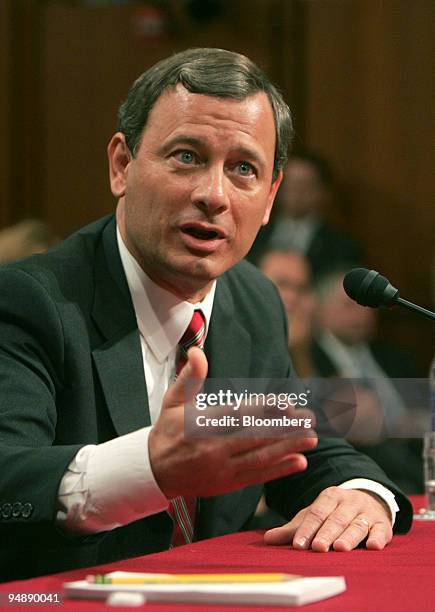 Judge John Roberts answers a question from Senator Charles Schumer during the Senate Judiciary Committee hearing in Washington, DC on September 13,...