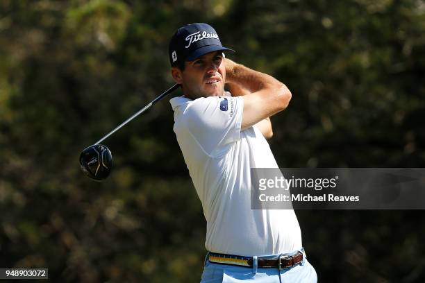Ben Martin plays his shot from the fifth tee during the first round of the Valero Texas Open at TPC San Antonio AT&T Oaks Course on April 19, 2018 in...