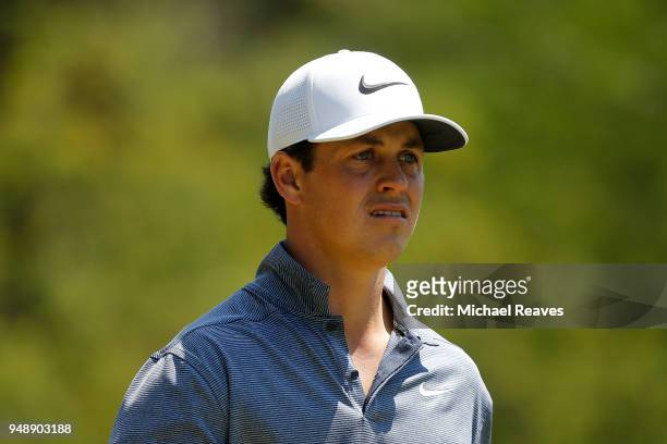 Cody Gribble looks on on the fifth hole during the first round of the Valero Texas Open at TPC San Antonio AT&T Oaks Course on April 19, 2018 in San...
