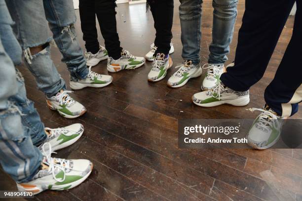 Guests wear FILA Mindblower X Sneaker Junkies at the Launch of the FILA Mindblower Pop-Up Powered by Ciroc on April 19, 2018 in New York City.