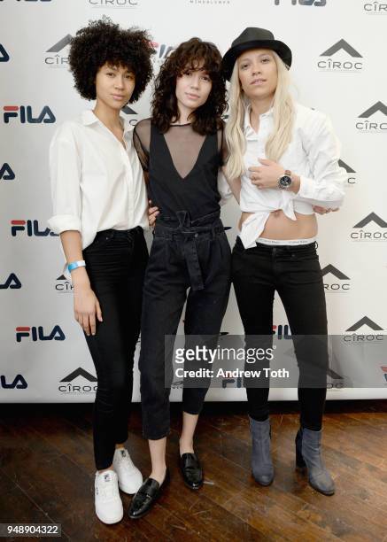 Jaelyn Carlton, Inez Lopez, and Victoria Riddle attend the Launch of the FILA Mindblower Pop-Up Powered by Ciroc on April 19, 2018 in New York City.