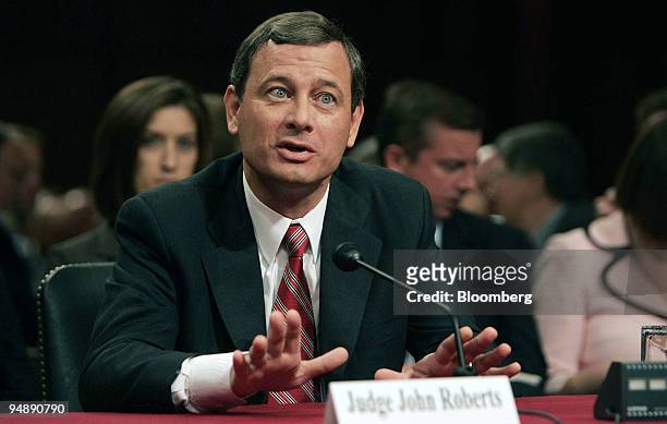 Judge John Roberts answers questions before the Senate Judiciary Committee in Washington, DC Tuesday, September 13 in Washington, D.C. Roberts, the...
