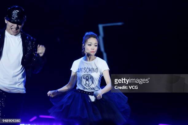 Singer Joey Yung performs at Marvel Studios 10th Anniversary event on April 19, 2018 in Shanghai, China.