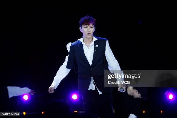 Singer Aaron Yan performs at Marvel Studios 10th Anniversary event on April 19, 2018 in Shanghai, China.