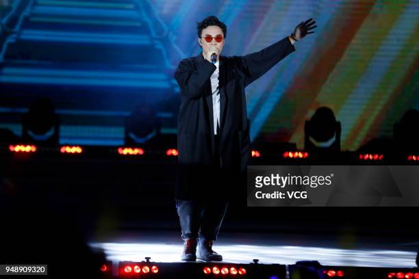 Singer Eason Chan performs at Marvel Studios 10th Anniversary event on April 19, 2018 in Shanghai, China.