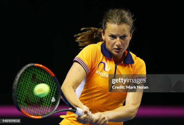 Quirine Lemoine of the Netherlands practices during a training session ahead of the World Group Play-Off Fed Cup tie between Australia and the...