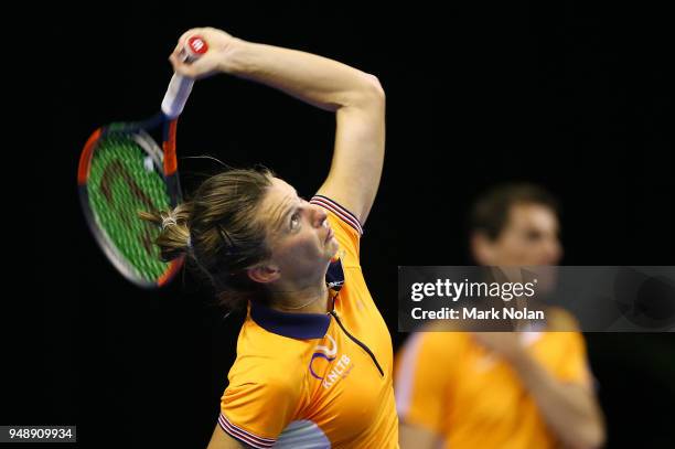 Quirine Lemoine of the Netherlands practices during a training session ahead of the World Group Play-Off Fed Cup tie between Australia and the...