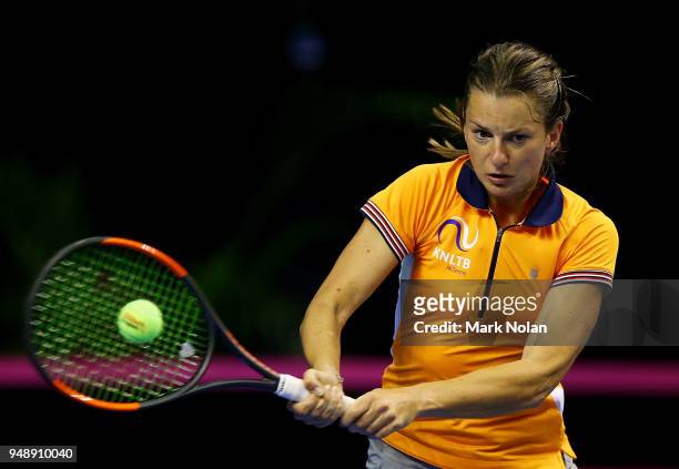 Quirine Lemoine of the Netherlands practices during a training session ahead of the World Group Play-Off Fed Cup tie between Australia and the...