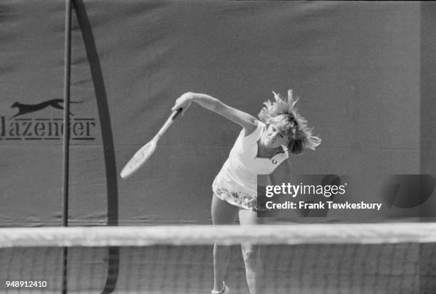 English tennis player Sue Barker in action, UK, 22nd June 1977.