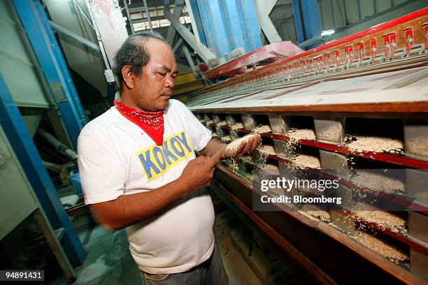 Quality control inspector checks grains of rice as they are separated from their husks during processing at a rice mill in Nueva Ecija, the...