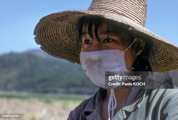 Portrait d'une paysanne portant un masque pour se protéger de la poussière pendant le battage de la récolte à Shaoshan, circa 1970, Chine.