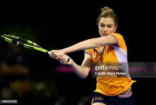 Indy De Vroome of the Netherlands practices during a training session ahead of the World Group Play-Off Fed Cup tie between Australia and the...