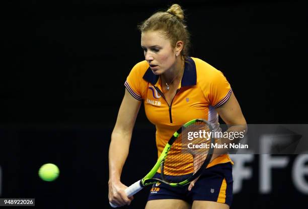 Indy De Vroome of the Netherlands practices during a training session ahead of the World Group Play-Off Fed Cup tie between Australia and the...