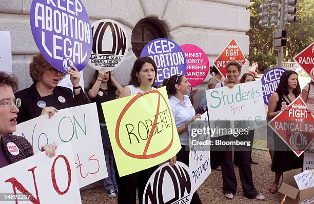 Student protesters demonstrate against the appointment of Judge John Roberts to the U.S. Supreme Court, Monday, September 12 outside the Senate...