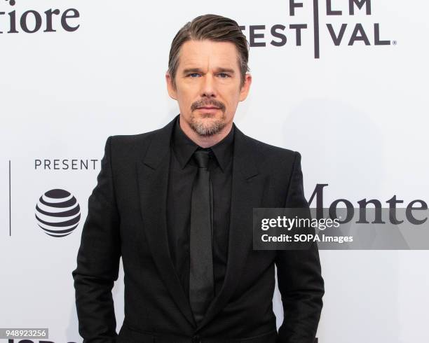 Ethan Hawke at the Tribeca Film Festival red carpet arrivals for the film "Stockholm" in New York City.