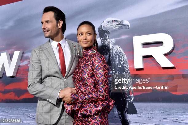 Actors Rodrigo Santoro and Thandie Newton arrive at the Los Angeles premiere of HBO's 'Westworld' season 2 at The Cinerama Dome on April 16, 2018 in...