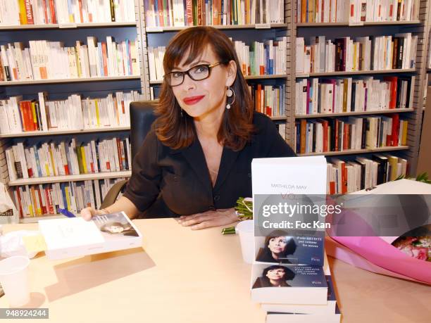 Actress/writer Mathilda May attends "V.O." Mathilda May Book Signing at Librairie Albin Michel Bd Saint Germain on April 19, 2018 in Paris, France.