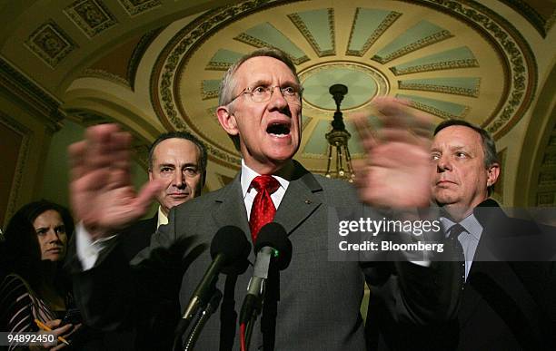 Democratic Minority Leader Harry Reed makes a statement on the Democrats move to force a closed session of the United States Senate in order to...