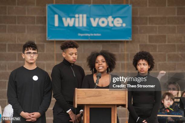 Nia Arrington of the Youth Power Collective, from Pittsburgh, speaks during the Vote For Our Lives rally and vigil at Columbine High School on April...