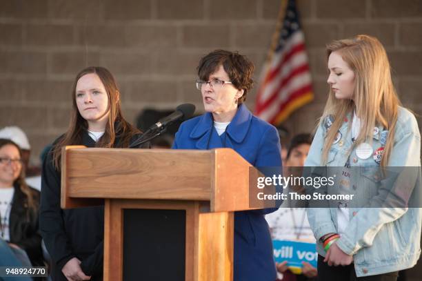 Columbine teacher Paula Reed speaks during the Vote For Our Lives rally and vigil at Columbine High School on April 19, 2018 in Littleton, Colorado....