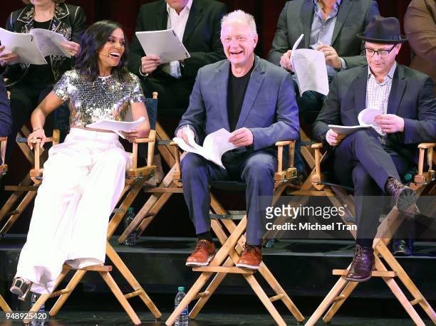 Kerry Washington, Jeff Perry and Joshua Malina speak onstage during The Actors Fund's "Scandal" finale live stage reading held at El Capitan Theatre...