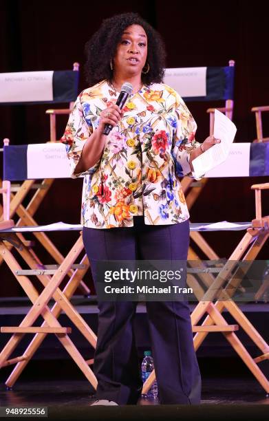 Shonda Rhimes speaks onstage during The Actors Fund's "Scandal" finale live stage reading held at El Capitan Theatre on April 19, 2018 in Los...
