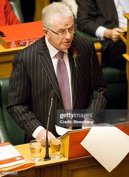 Michael Cullen, New Zealand's finance minister, delivers the annual budget in Parliament, in Wellington, New Zealand, on Thursday, May 22, 2008. New...