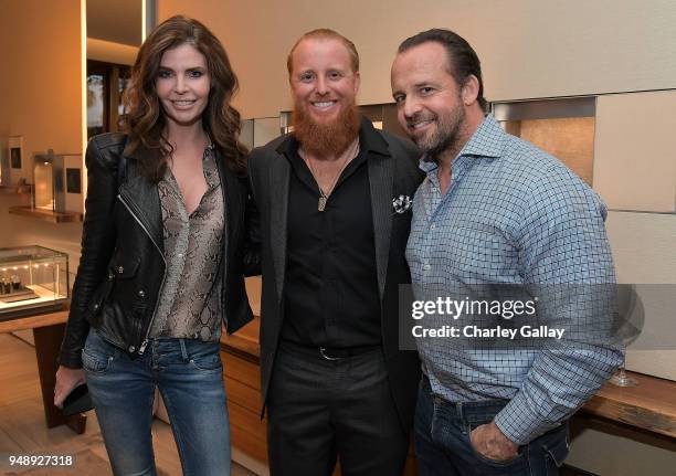Julia Lescova, baseball player Justin Turner and Thomas Connelly attend the Justin Turner Beverly Hills Event at David Yurman on April 19, 2018 in...