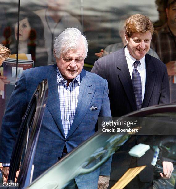 Edward Kennedy, U.S. Senator from Massachusetts, left, leaves Massachusetts General Hospital accompanied by his son Patrick Kennedy, U.S....