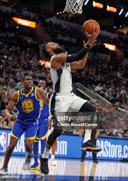 Patty Mills of the San Antonio Spurs scores against the Golden State Warriors at AT&T Center on April 19 , 2018 in San Antonio, Texas. NOTE TO USER:...