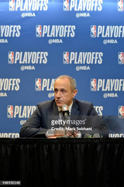 Assistant Coach Ettore Messina of the San Antonio Spurs speaks to the media after Game Three of the Western Conference Quarterfinals against the...