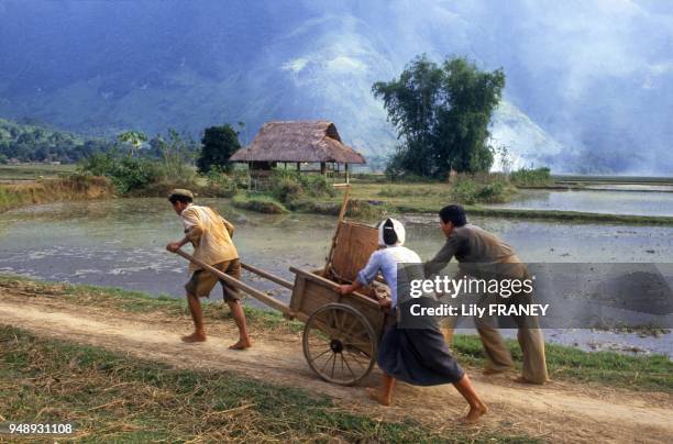 Paysans poussant une charrette, village de Mai Chau Nord Vietnam.