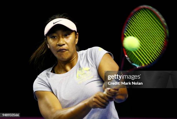 Destanee Aiava of Australia practices during a training session ahead of the World Group Play-Off Fed Cup tie between Australia and the Netherlands...