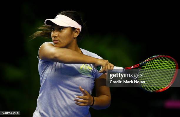 Destanee Aiava of Australia practices during a training session ahead of the World Group Play-Off Fed Cup tie between Australia and the Netherlands...