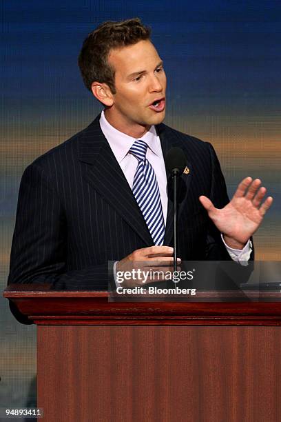 Aaron Schock, who is running as a Republican representative in Illinois, speaks on day four of the Republican National Convention at the Xcel Energy...