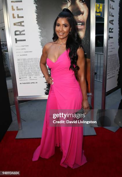 Actress Sarodj Bertin attends the premiere of Codeblack Films' "Traffik" at ArcLight Hollywood on April 19, 2018 in Hollywood, California.