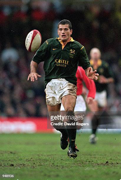 Joost Van Der Westhuizen of South Africa in action during the Rugby Union International match against Wales played at the Millennium Stadium, in...