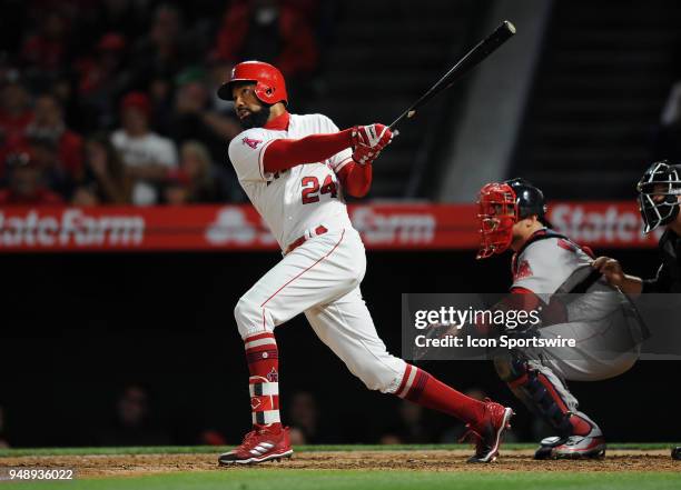 Los Angeles Angels of Anaheim right fielder Chris Young hits a solo home run in the fifth inning of a game against the Boston Red Sox played on April...