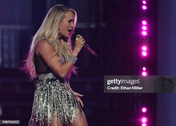 Carrie Underwood performs during the 53rd Academy of Country Music Awards at MGM Grand Garden Arena on April 15, 2018 in Las Vegas, Nevada.